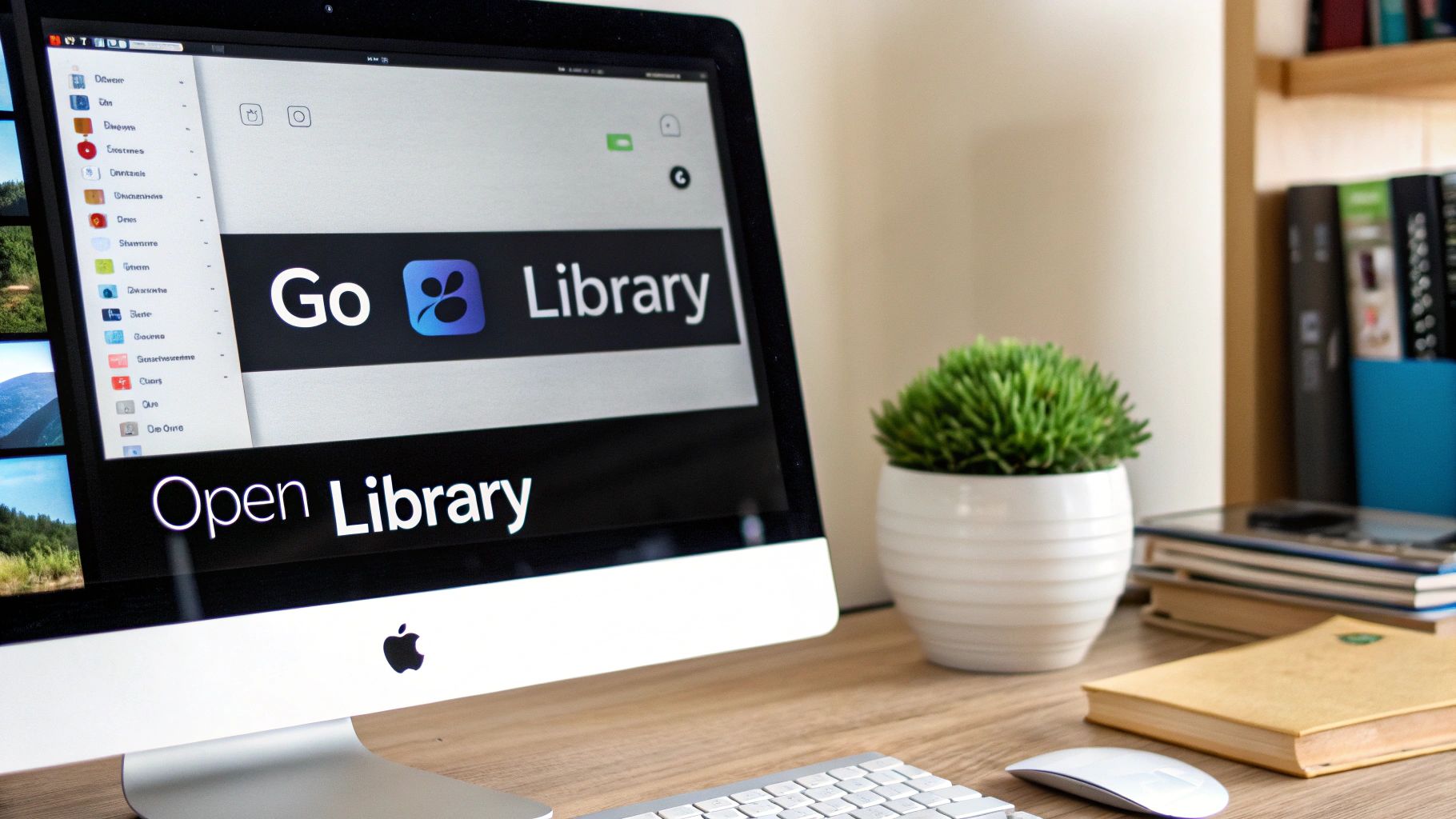 Apple iMac computer showing 'Go Library' on screen, with mouse, keyboard, plant, and books.