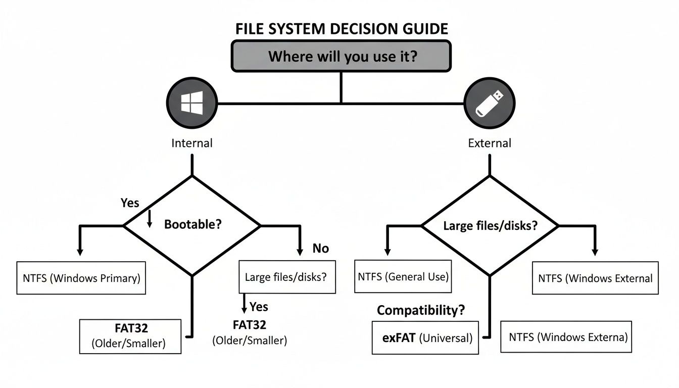 Flowchart guiding file system choice: NTFS for internal primary/general use, FAT32 for older/smaller, exFAT for universal external compatibility.