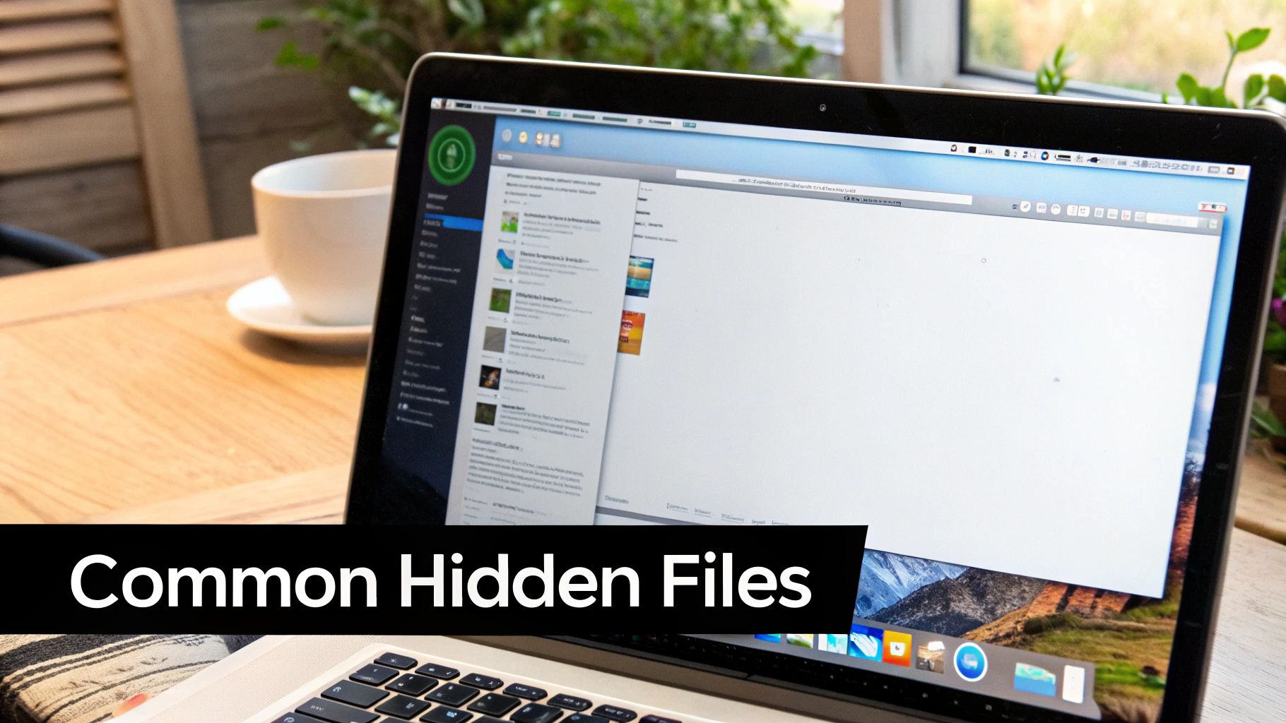 A MacBook laptop displaying a file management system, with a white coffee cup beside it on a desk.