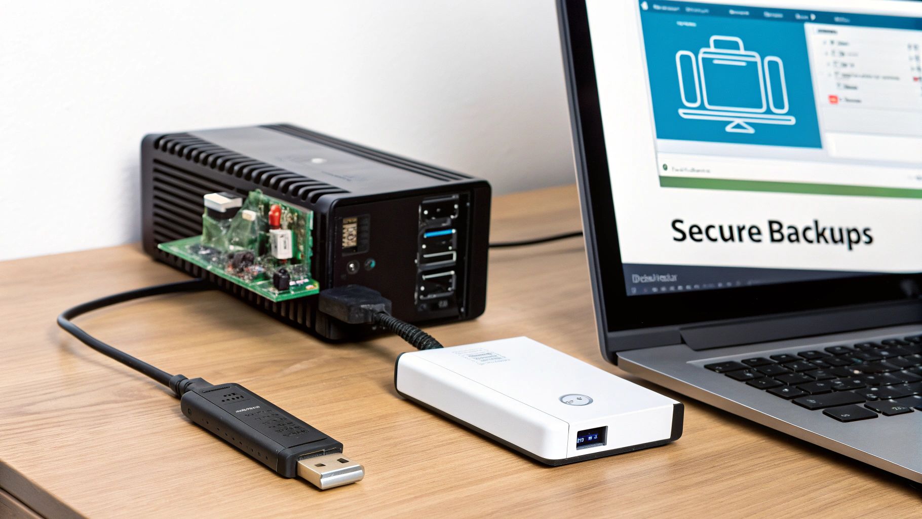 A Raspberry Pi NAS setup connected to a laptop for secure backups, featuring an external drive and cables on a wooden desk.