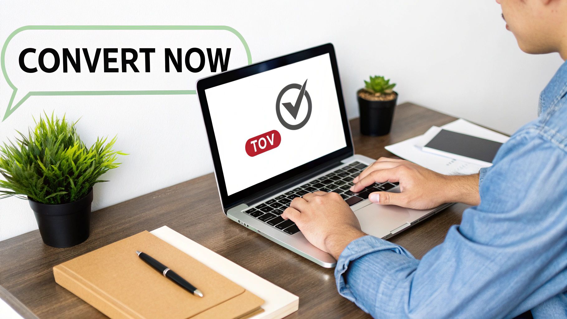 Person typing on a laptop with 'Convert Now' message, symbolizing online marketing conversion.