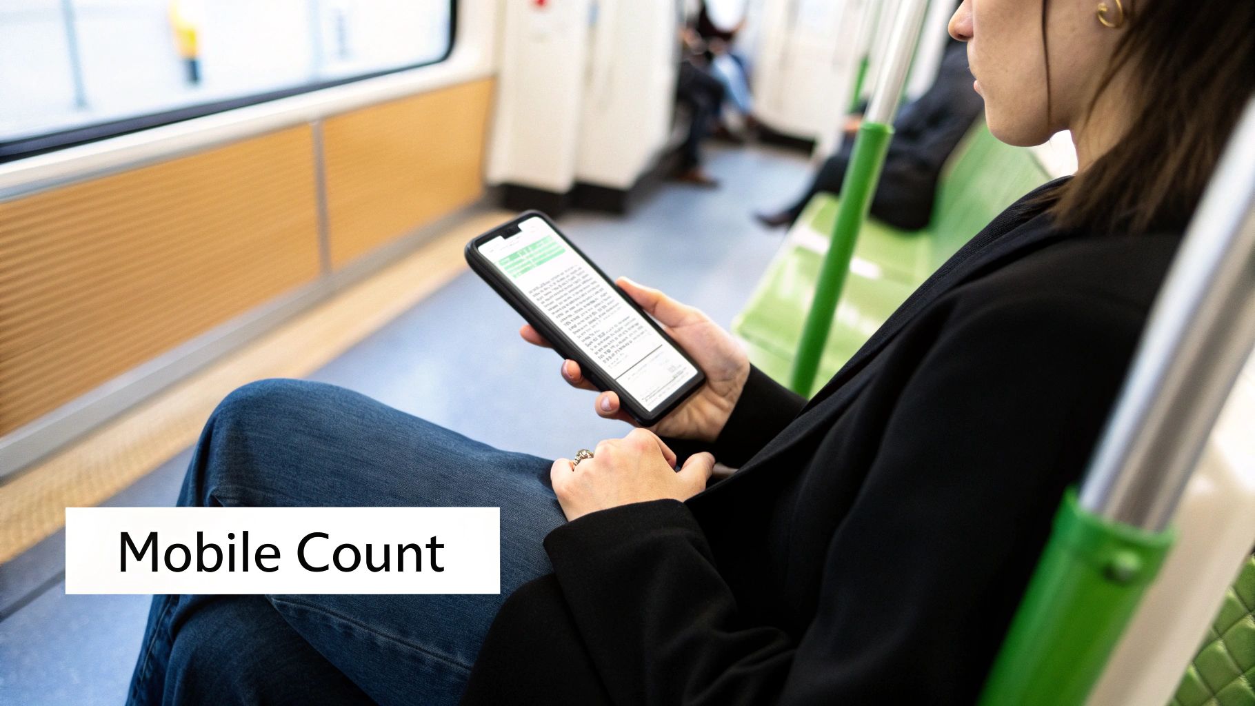 A person sits on a train, focused on their smartphone displaying text content.