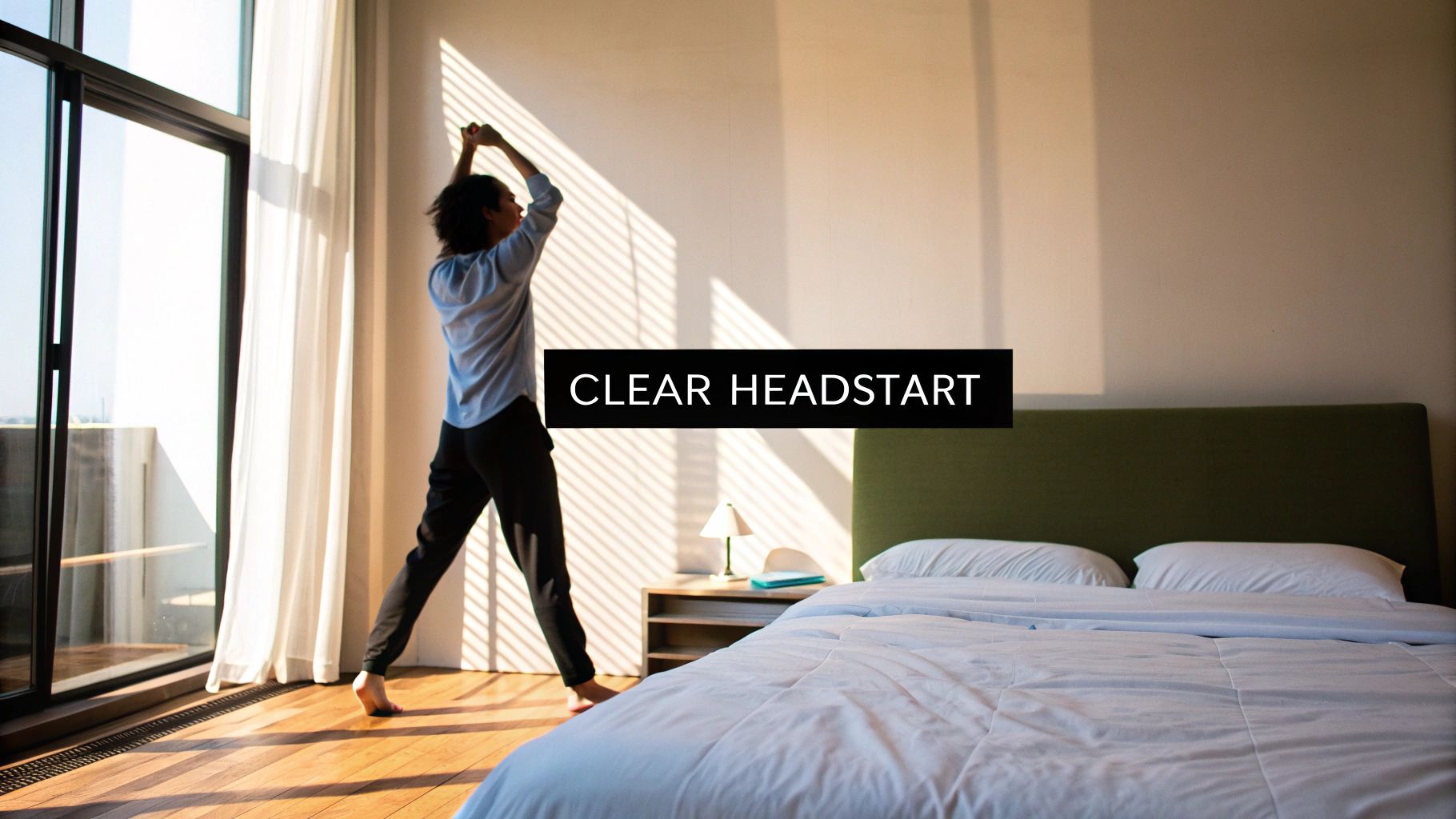 A person stretches in a bright bedroom, facing a large window with sunlight streaming in.