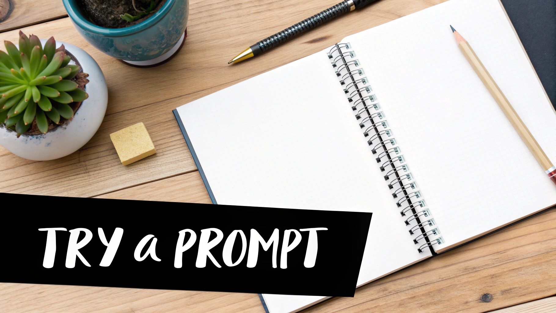 A flat lay of a wooden desk with an open spiral notebook, pencil, plants, and a 'TRY a PROMPT' banner.