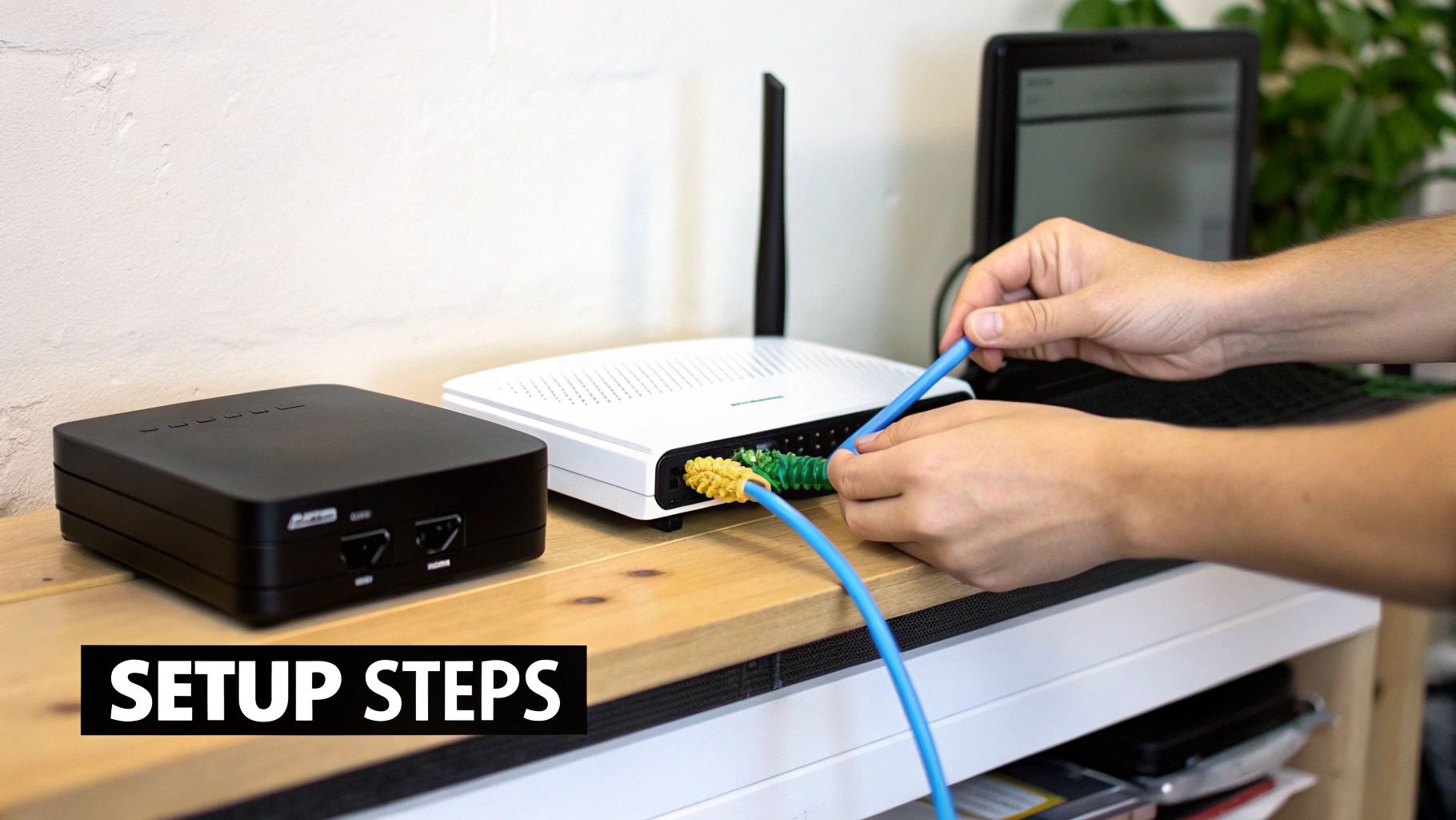 Hands connecting a blue Ethernet cable to a white internet router during setup.