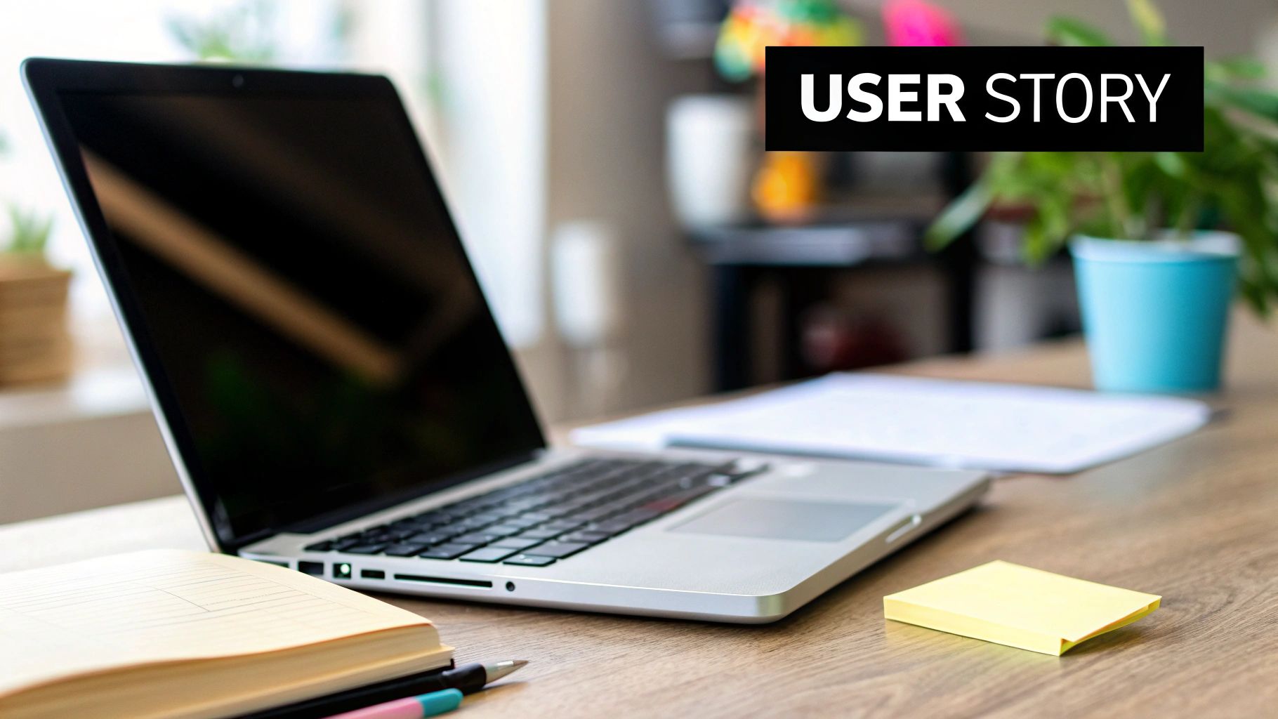 A laptop and stationery on a wooden desk, with a prominent 'USER STORY' text overlay.