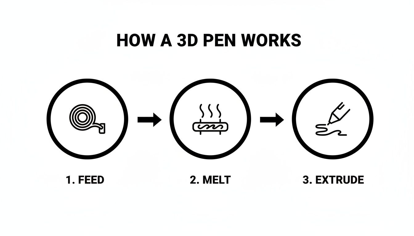 A diagram illustrating how a 3D pen works, showing the feed, melt, and extrude steps.