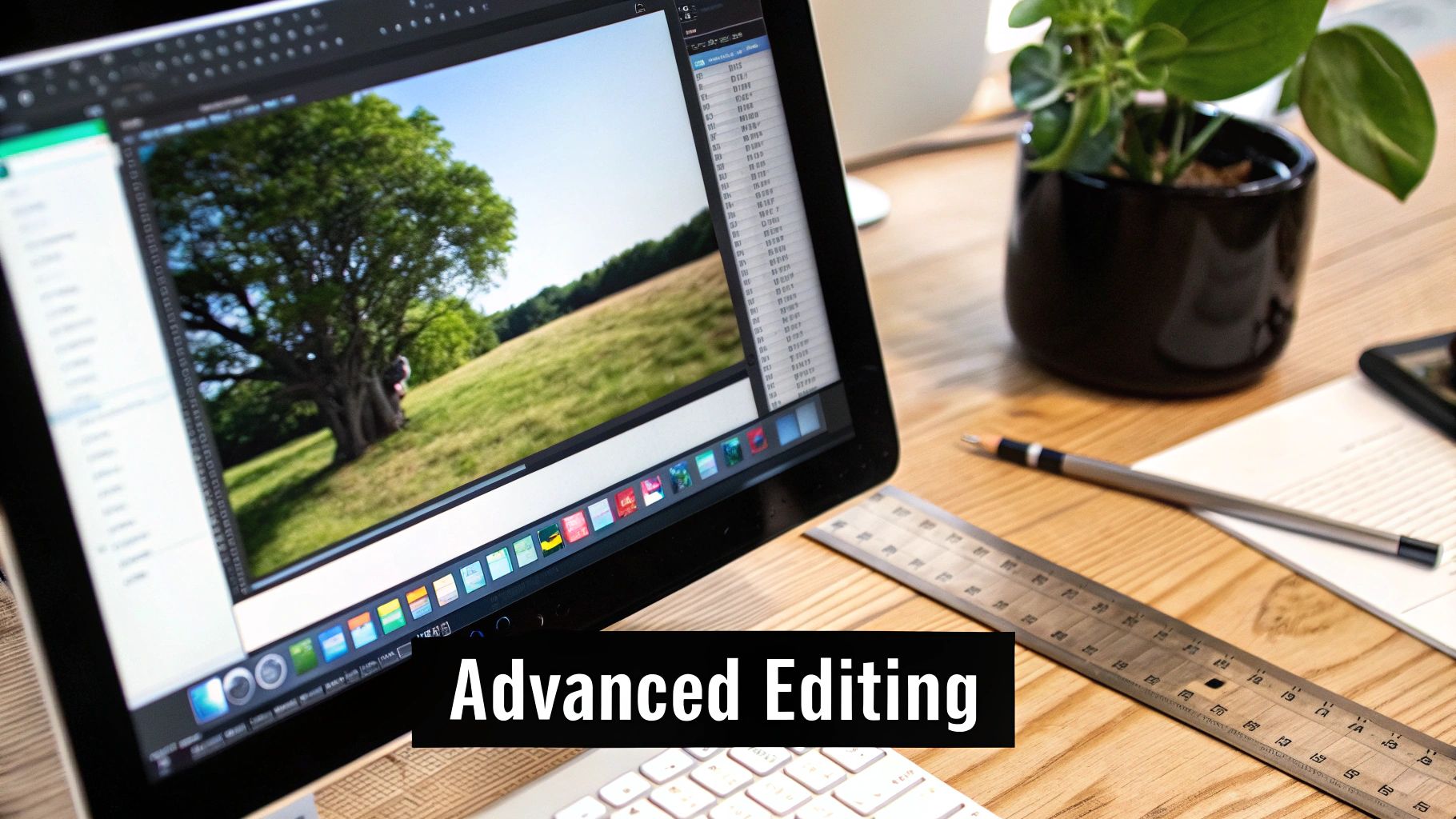 A laptop screen displays photo editing software with a tree in a field, on a wooden desk.