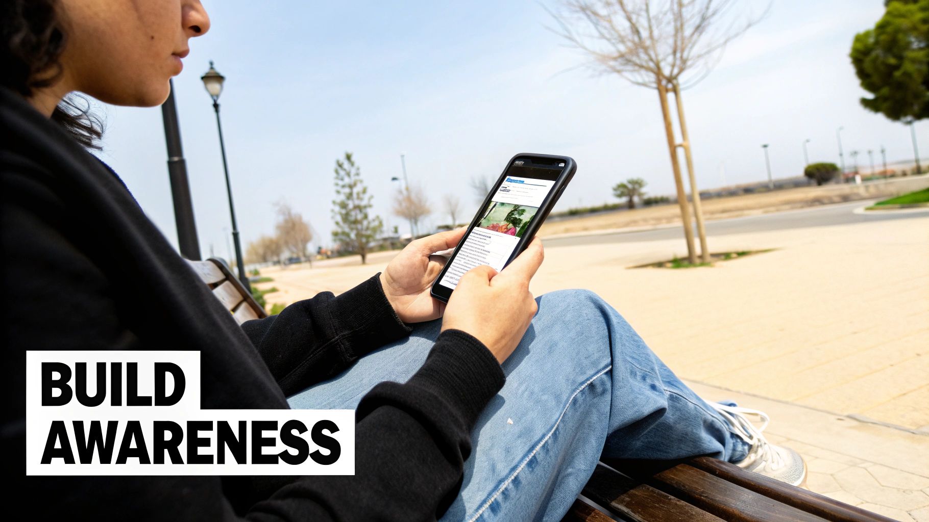 A young person sits on a park bench, browsing content on their smartphone.