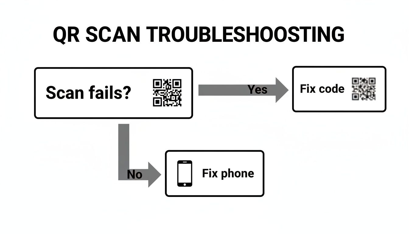 Flowchart showing QR scan troubleshooting: if scan fails, fix code; otherwise, fix phone.