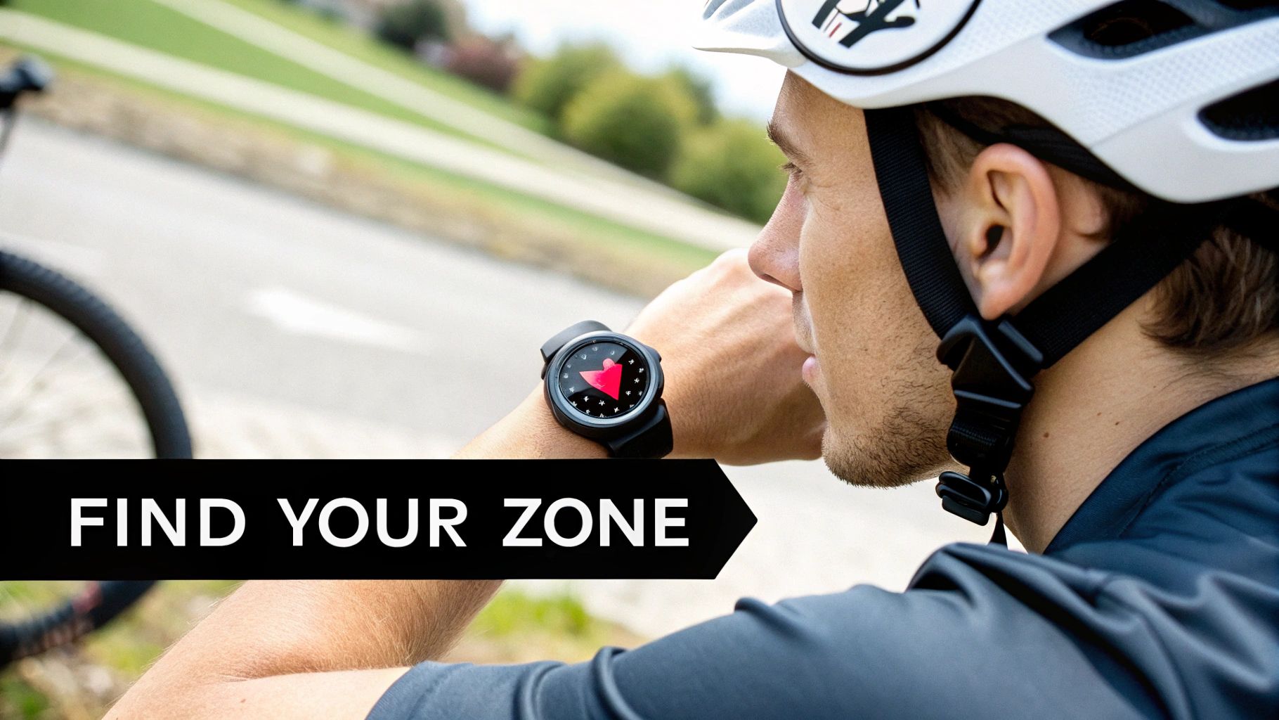 A man wearing a cycling helmet and smartwatch looks at his wrist, tracking heart rate during fitness.