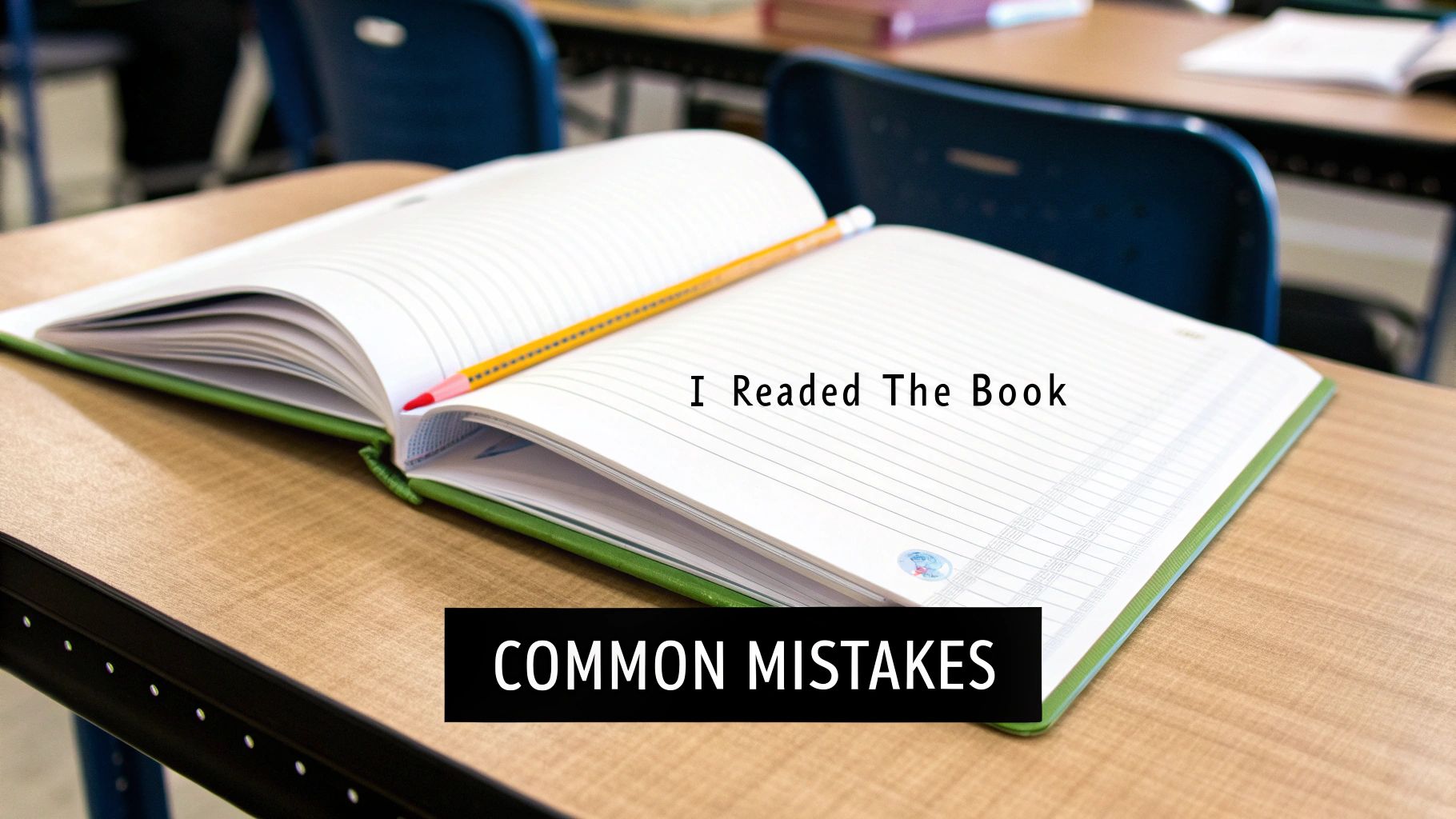 Open notebook with 'I Readed The Book' written on it, highlighting common English grammar mistakes.