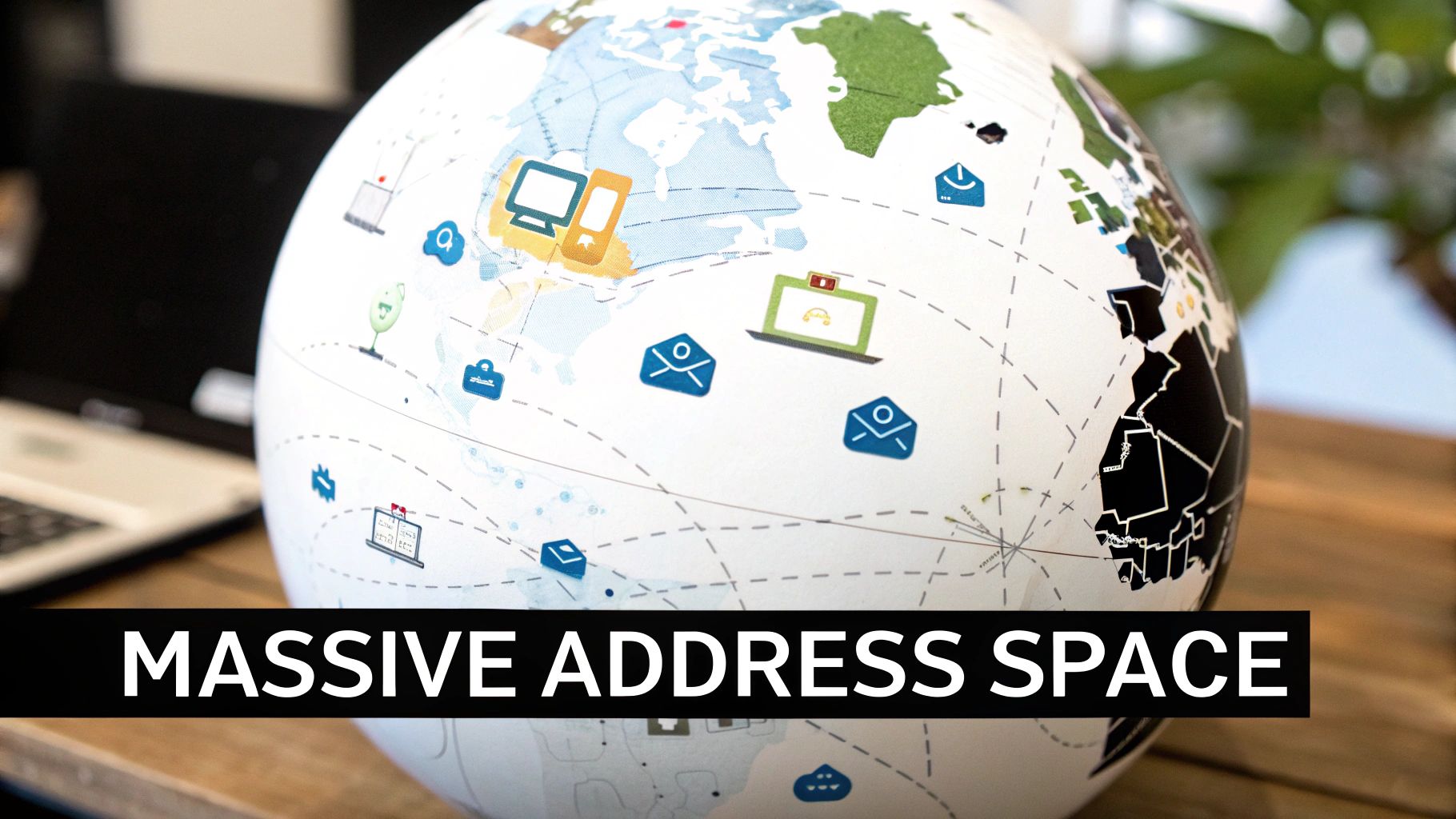 Close-up of a globe with network icons and dashed lines, illustrating global communication and a 'MASSIVE ADDRESS SPACE' text overlay.