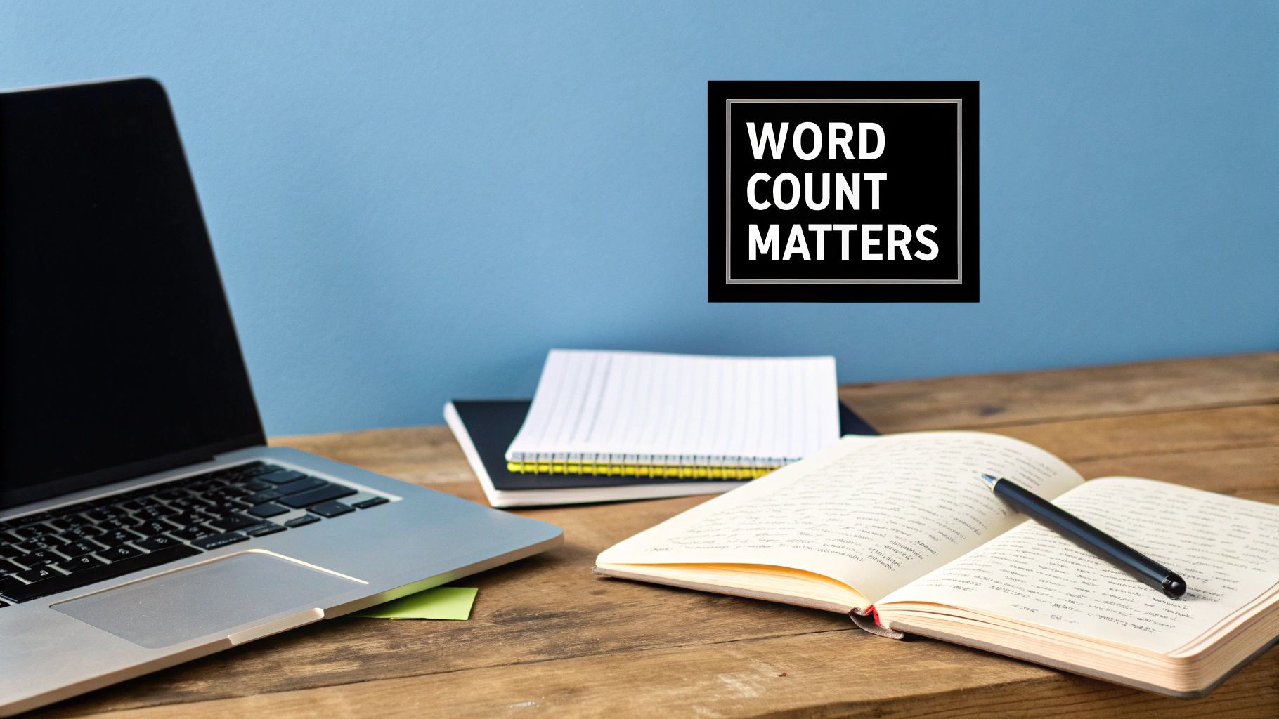 Laptop, notebooks, and an open journal on a wooden desk with 'WORD COUNT MATTERS' text.