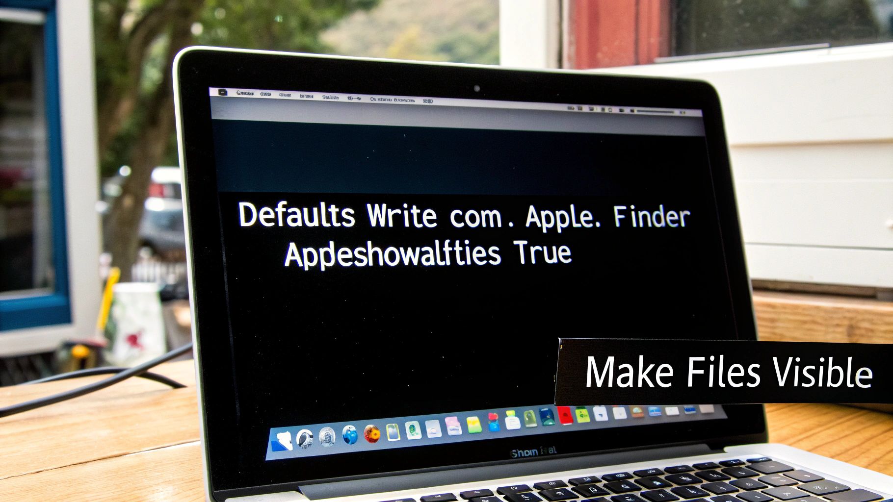 A MacBook laptop screen displays a command to show hidden files in Finder, with text 'Make Files Visible'.