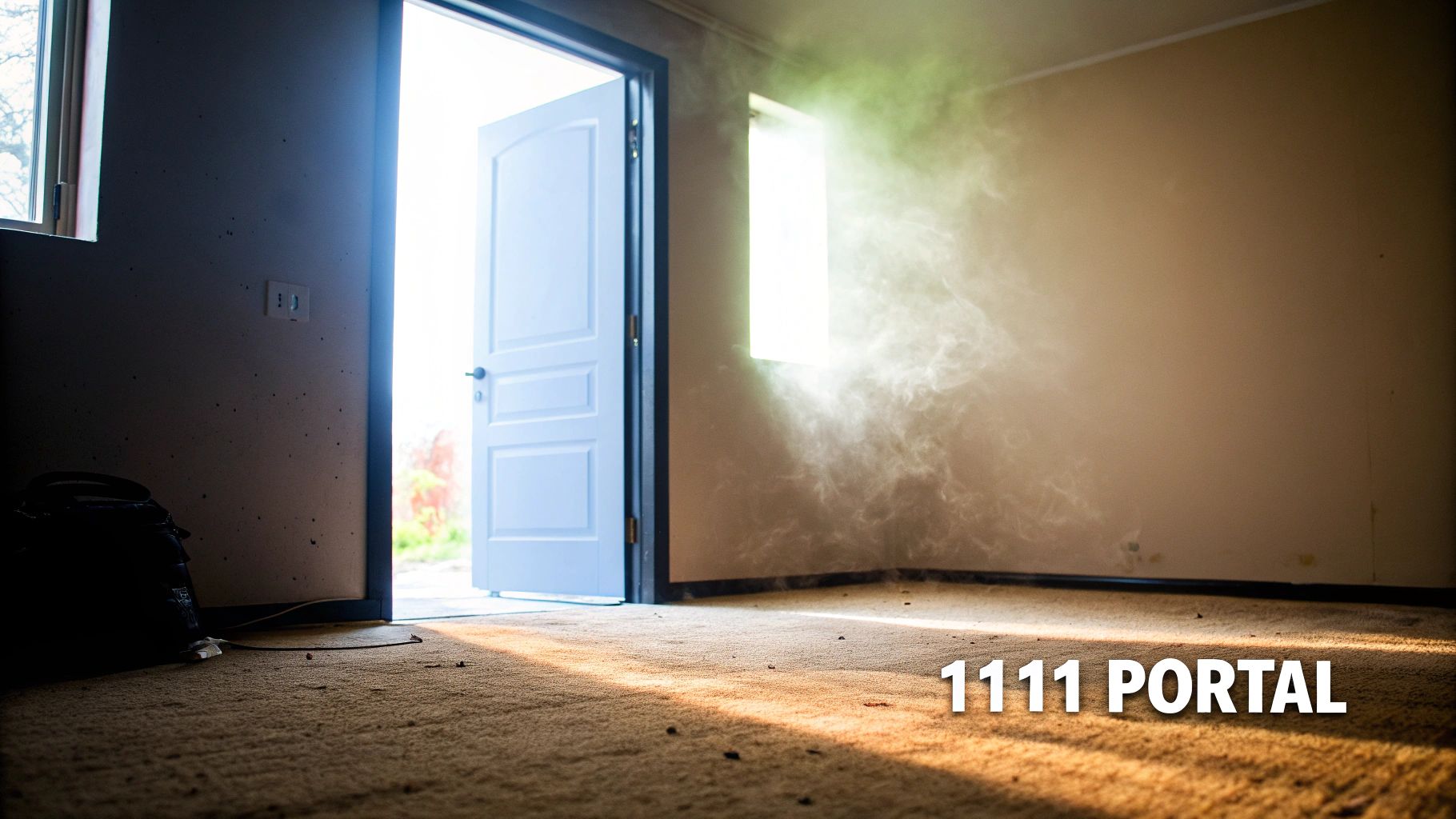 Empty room with open door and window, bright light highlighting dust, text reads '1111 PORTAL'.