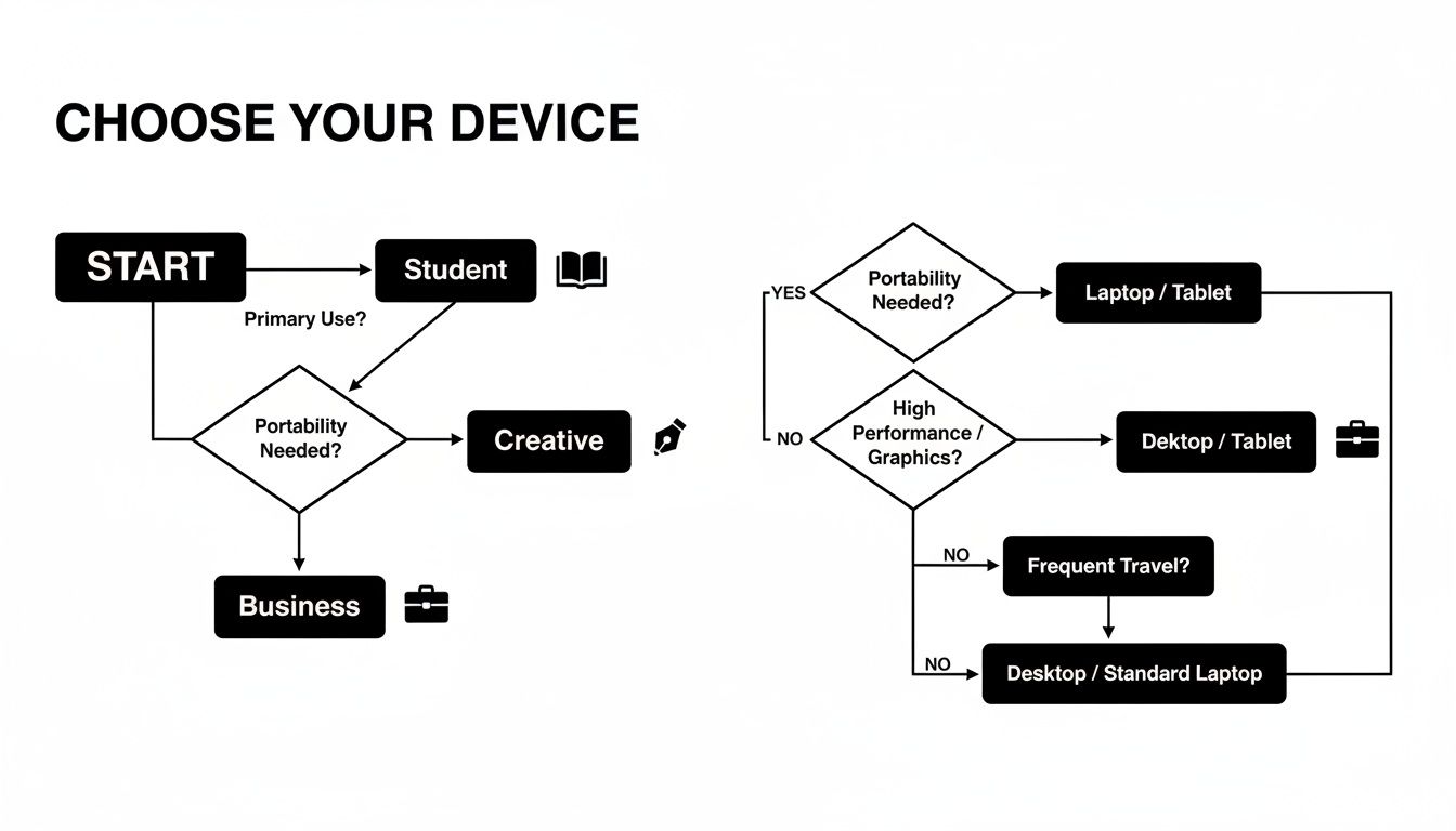 A decision tree flowchart titled 'Choose Your Device' for selecting computer devices based on user needs and portability.