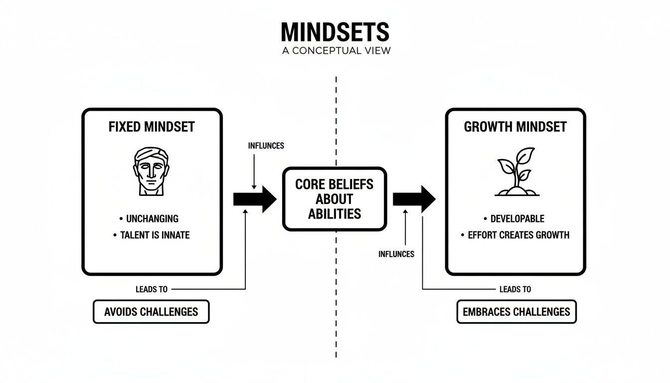 Diagram illustrating the conceptual view of mindsets, differentiating fixed and growth mindsets, their core beliefs, and impact on challenges.
