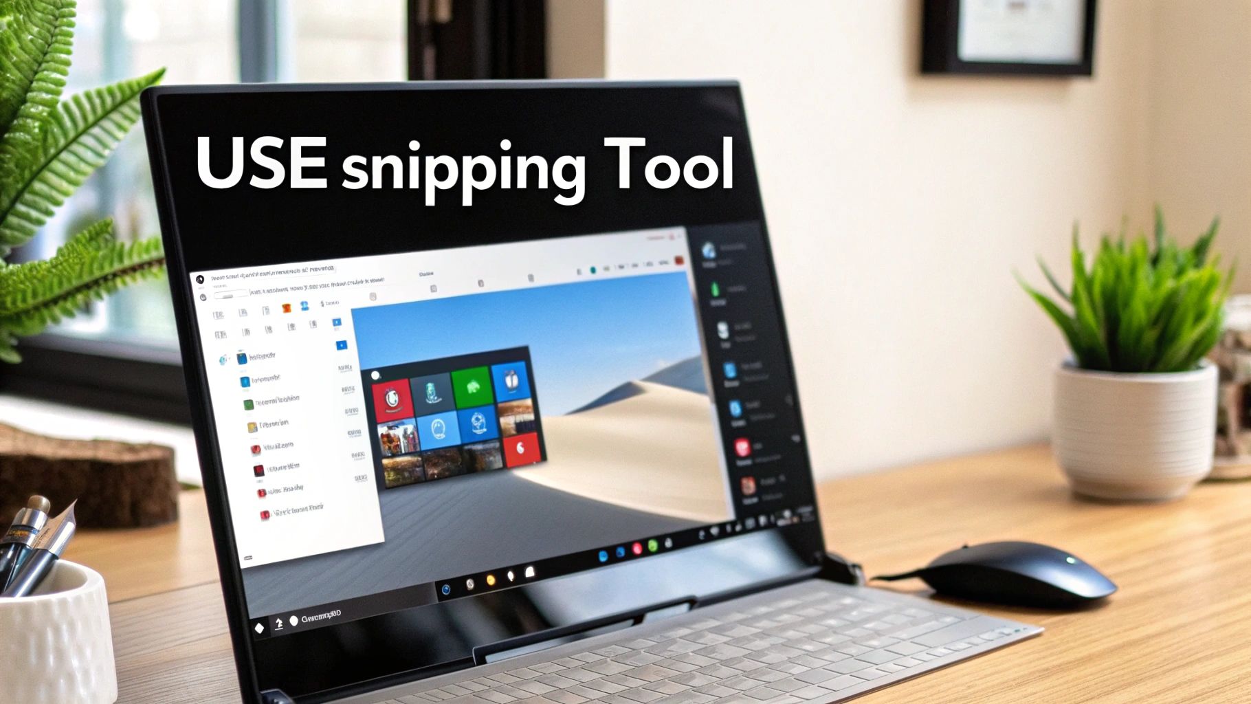 Laptop screen shows 'USE snipping Tool' text, Windows desktop, mouse, and plant on a wooden desk.