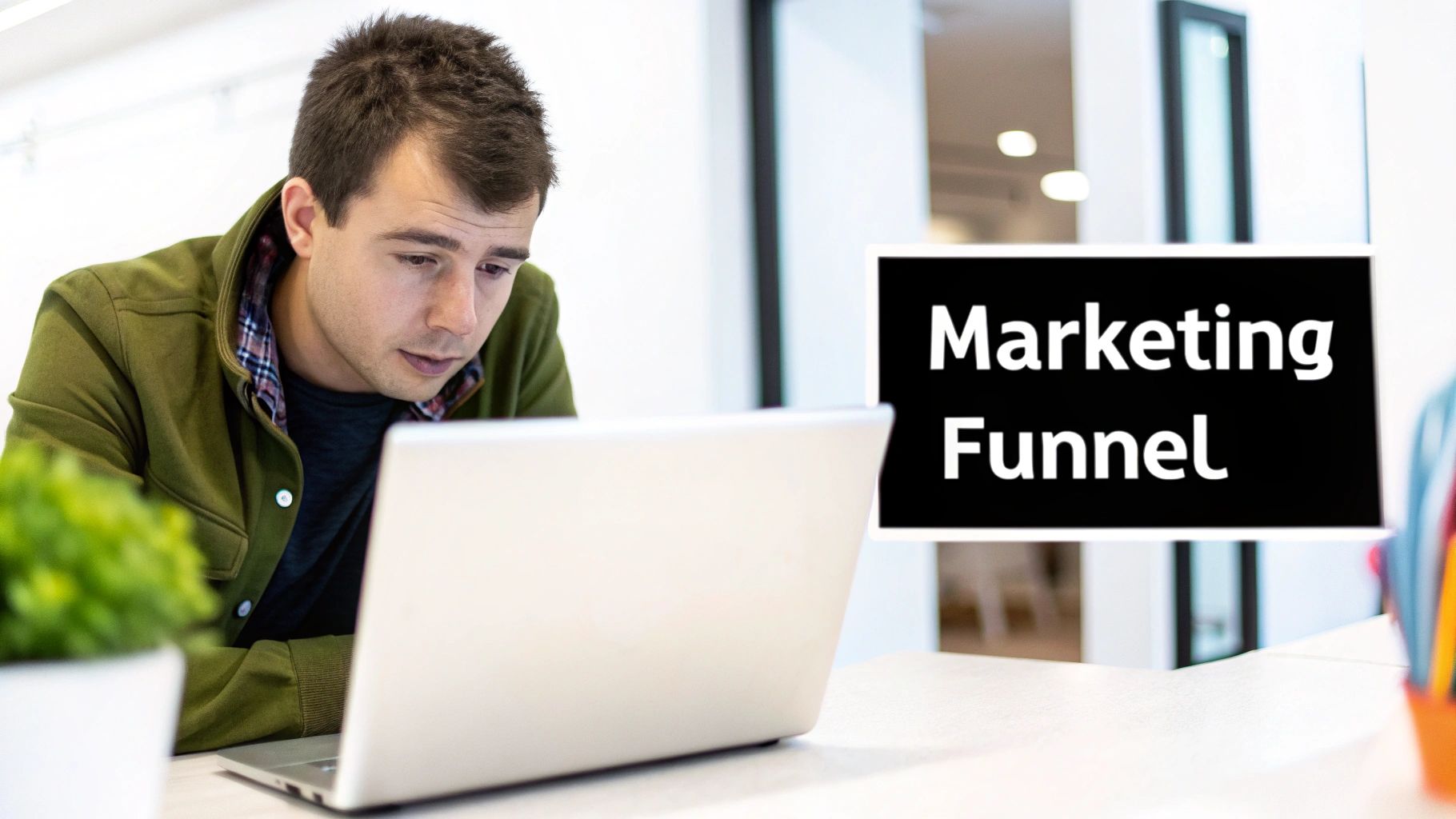 A man intently works on his laptop, with a 'Marketing Funnel' sign visible, in an office setting.