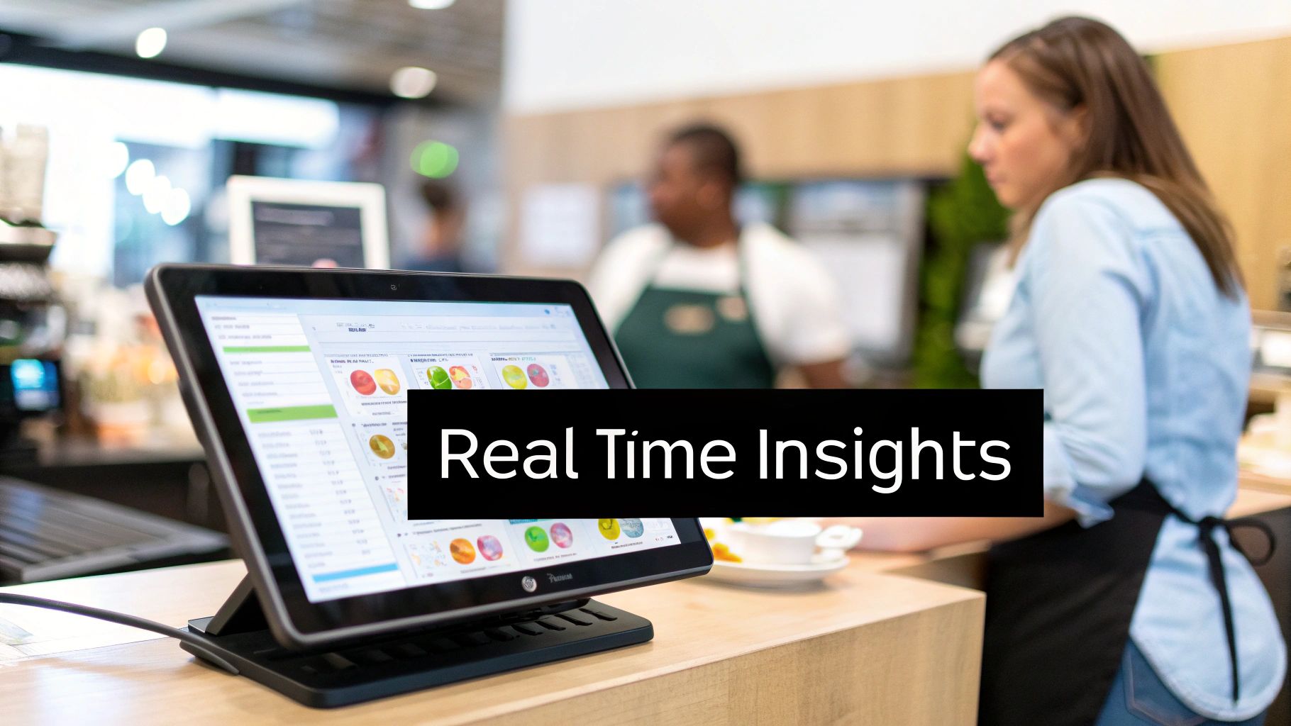 A modern POS tablet displays real-time business insights on a cafe counter with blurred staff in the background.
