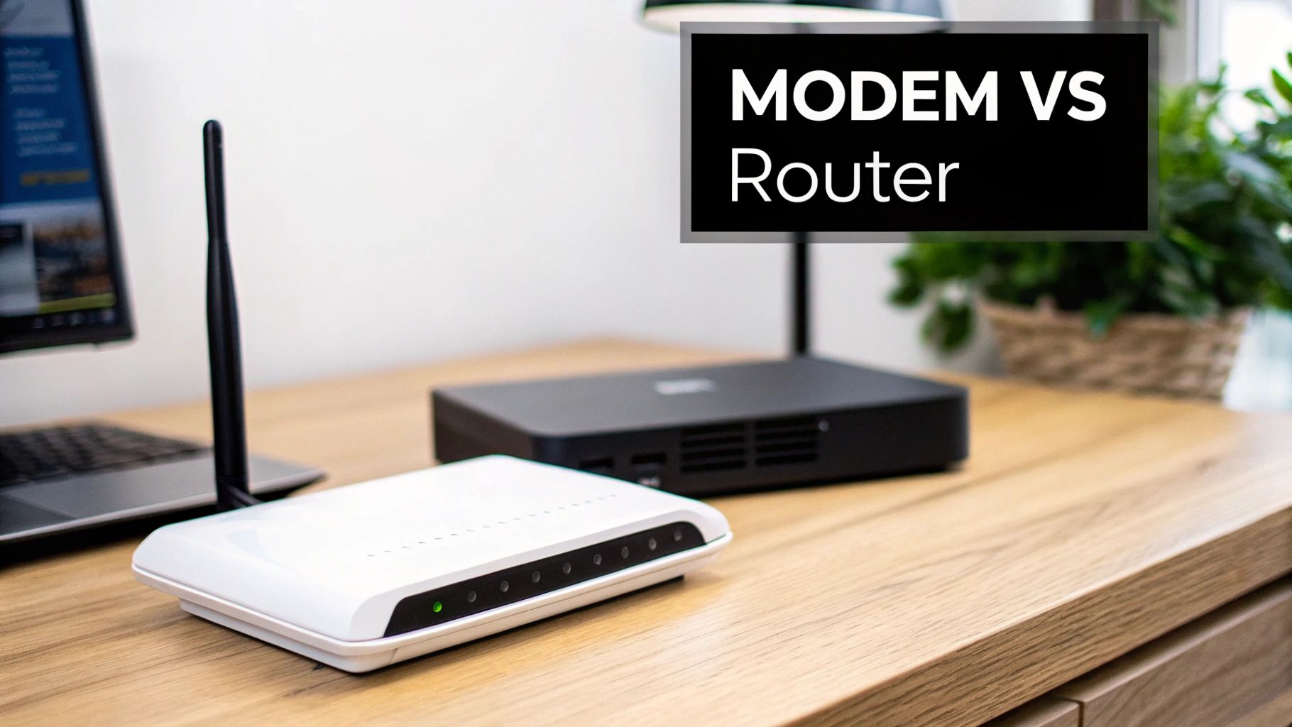 A white modem and a black router are on a wooden desk with a laptop.