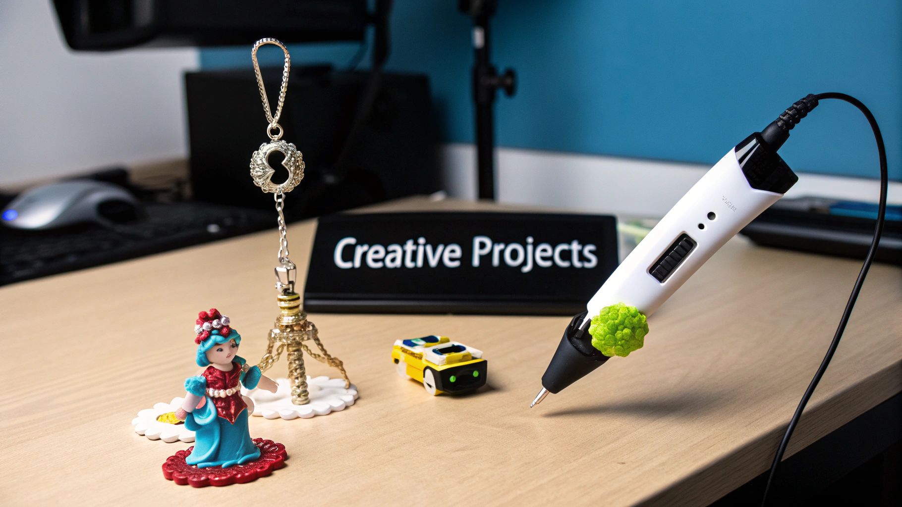 A white 3D printing pen, a doll, a toy car, and a 'Creative Projects' sign on a desk.