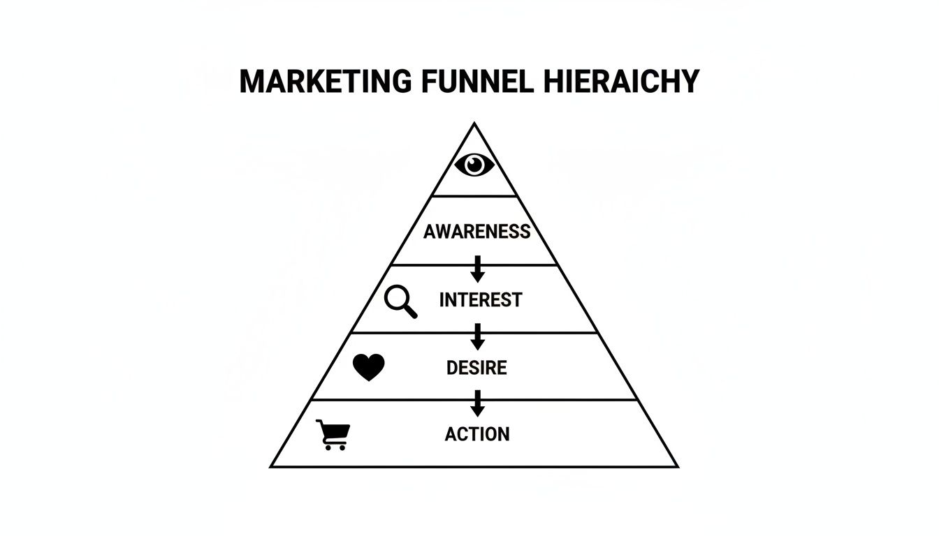 A black and white marketing funnel diagram illustrating the customer journey stages: Awareness, Interest, Desire, Action.