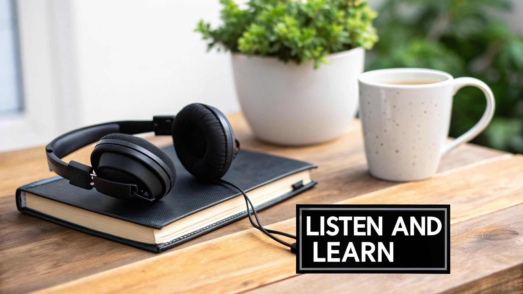 Black headphones rest on a book next to a white mug and plant with 'LISTEN AND LEARN' text.