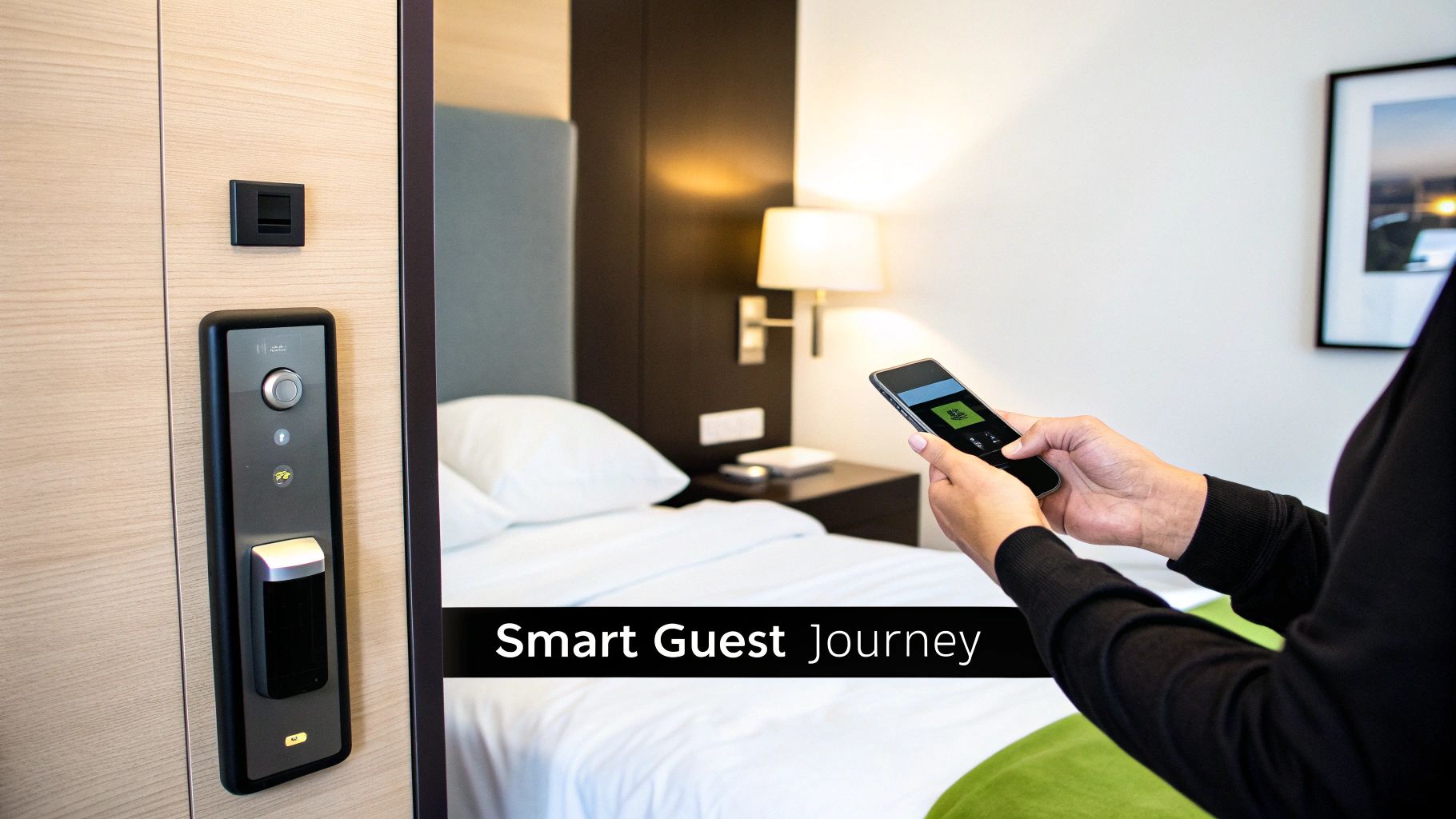 A guest uses a smartphone app to unlock a smart door lock in a modern hotel room.