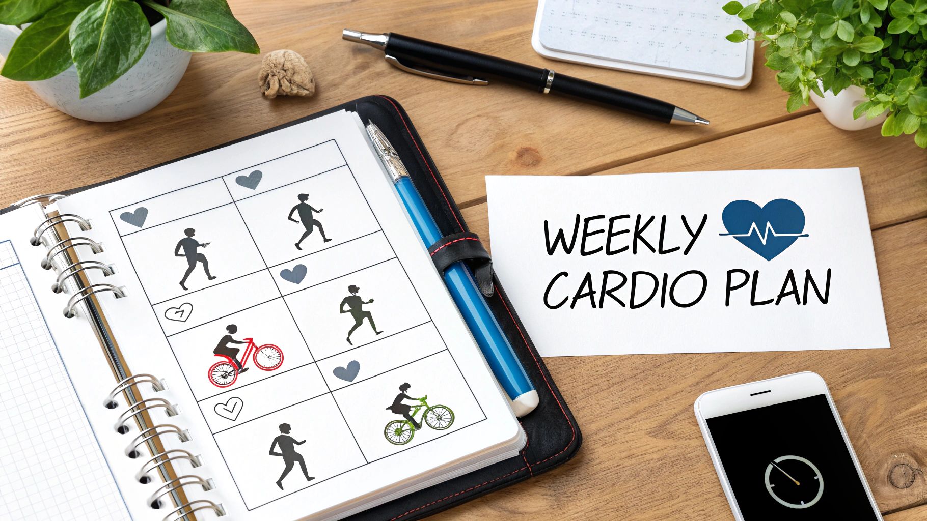 A weekly cardio plan, a notebook with exercise tracking icons, and a smartphone on a wooden desk.