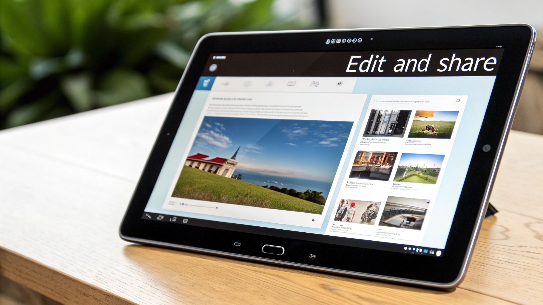 Samsung tablet showing a gallery of images, including a landscape photo, with "Edit and share" on screen.
