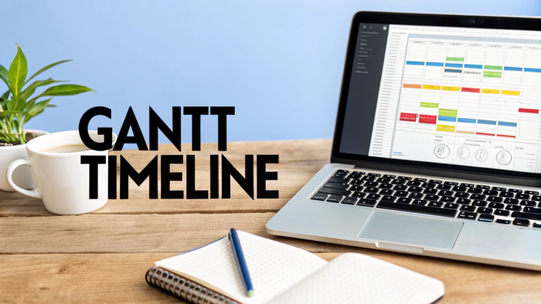 A workspace with a laptop displaying a Gantt timeline, coffee, plant, and notebook.