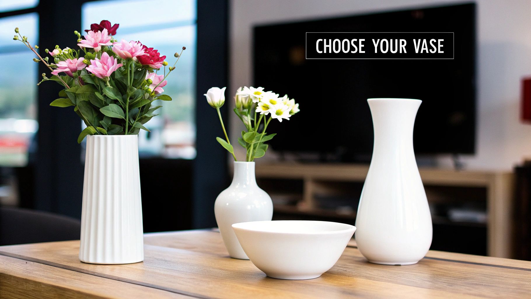 A collection of white ceramic vases and a bowl on a wooden table, some holding colorful flowers.