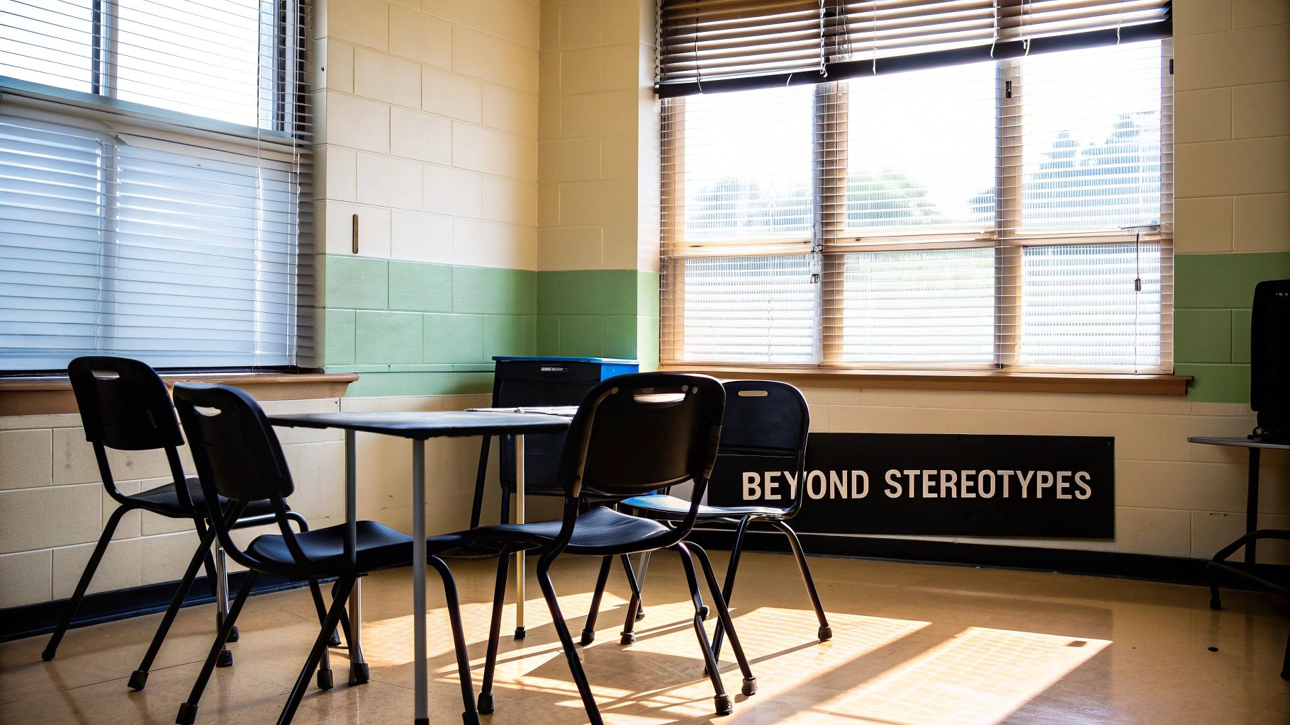 An empty, sunlit classroom with black chairs around a table and a 'BEYOND STEREOTYPES' sign.