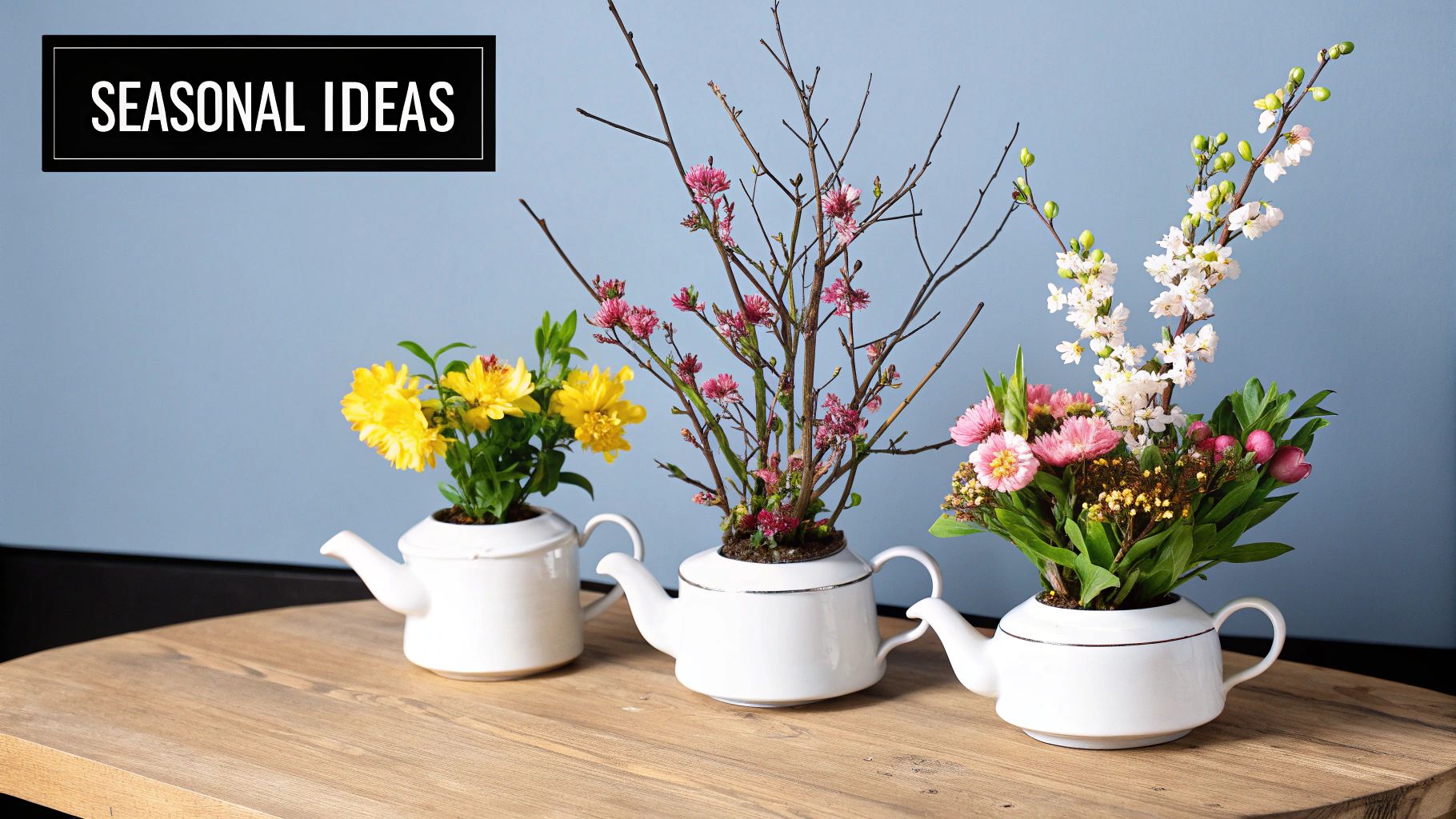 Three white teapots repurposed as flower vases, holding colorful seasonal blooms on a wooden table.