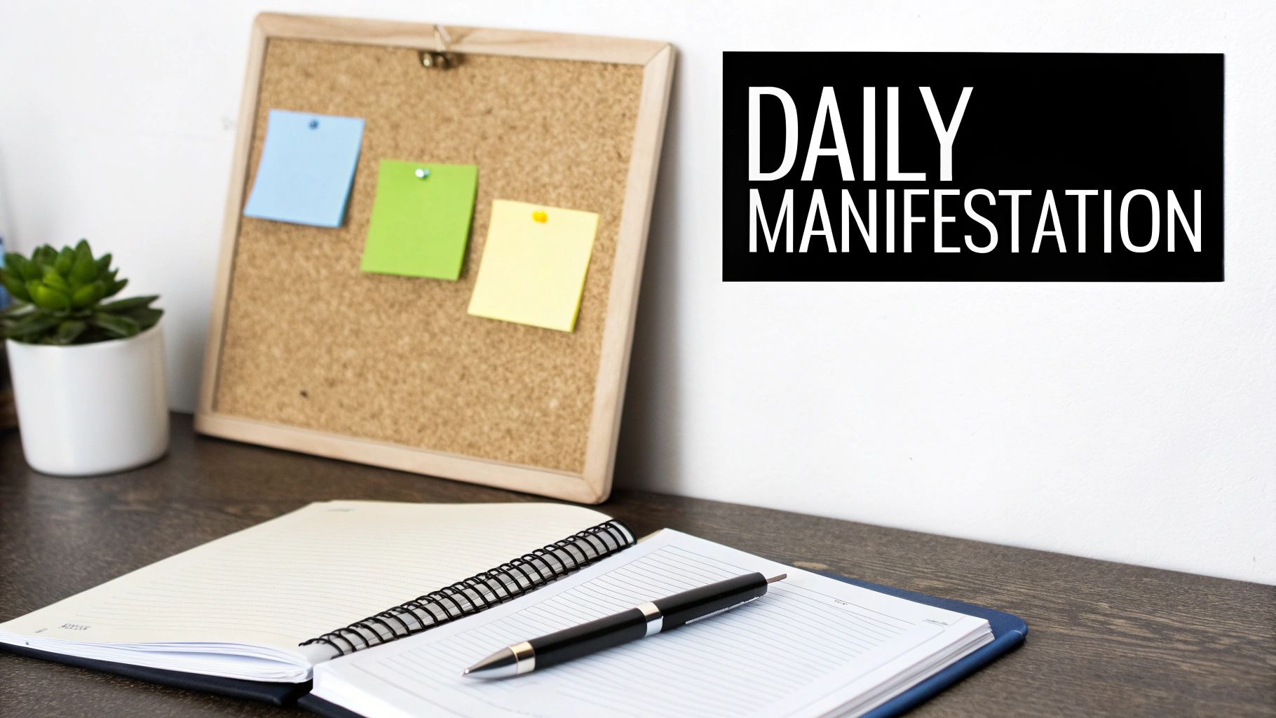 A desk with a cork board, sticky notes, plant, open notebook, pen, and 'DAILY MANIFESTATION' text.
