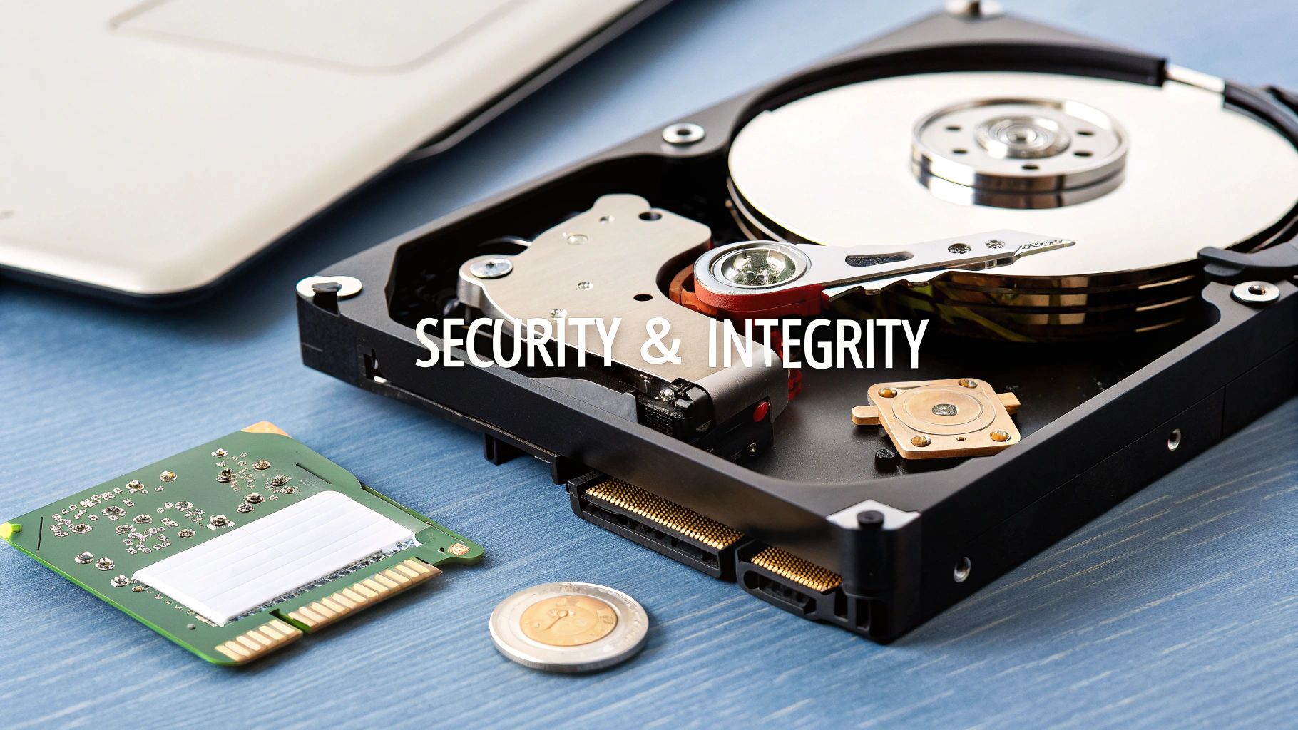 Opened hard disk drive and electronic components on a blue surface, highlighting data security.