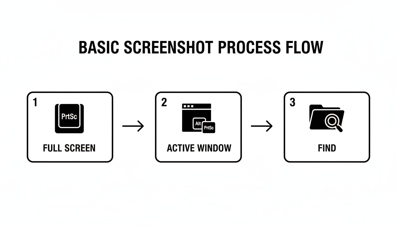 A diagram illustrates the basic screenshot process flow for full screen, active window, and finding screenshots.