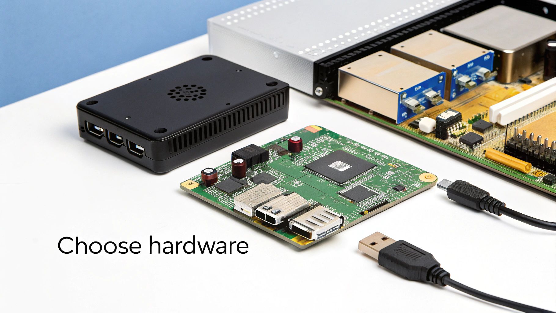 Various computer hardware components, including circuit boards, a black case, and USB cables, on a white surface.