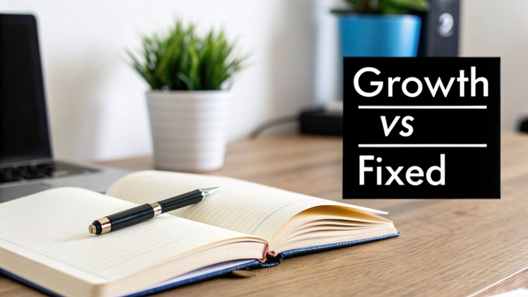 An open notebook with a pen on a wooden desk, with a black sign stating 'Growth vs Fixed'.
