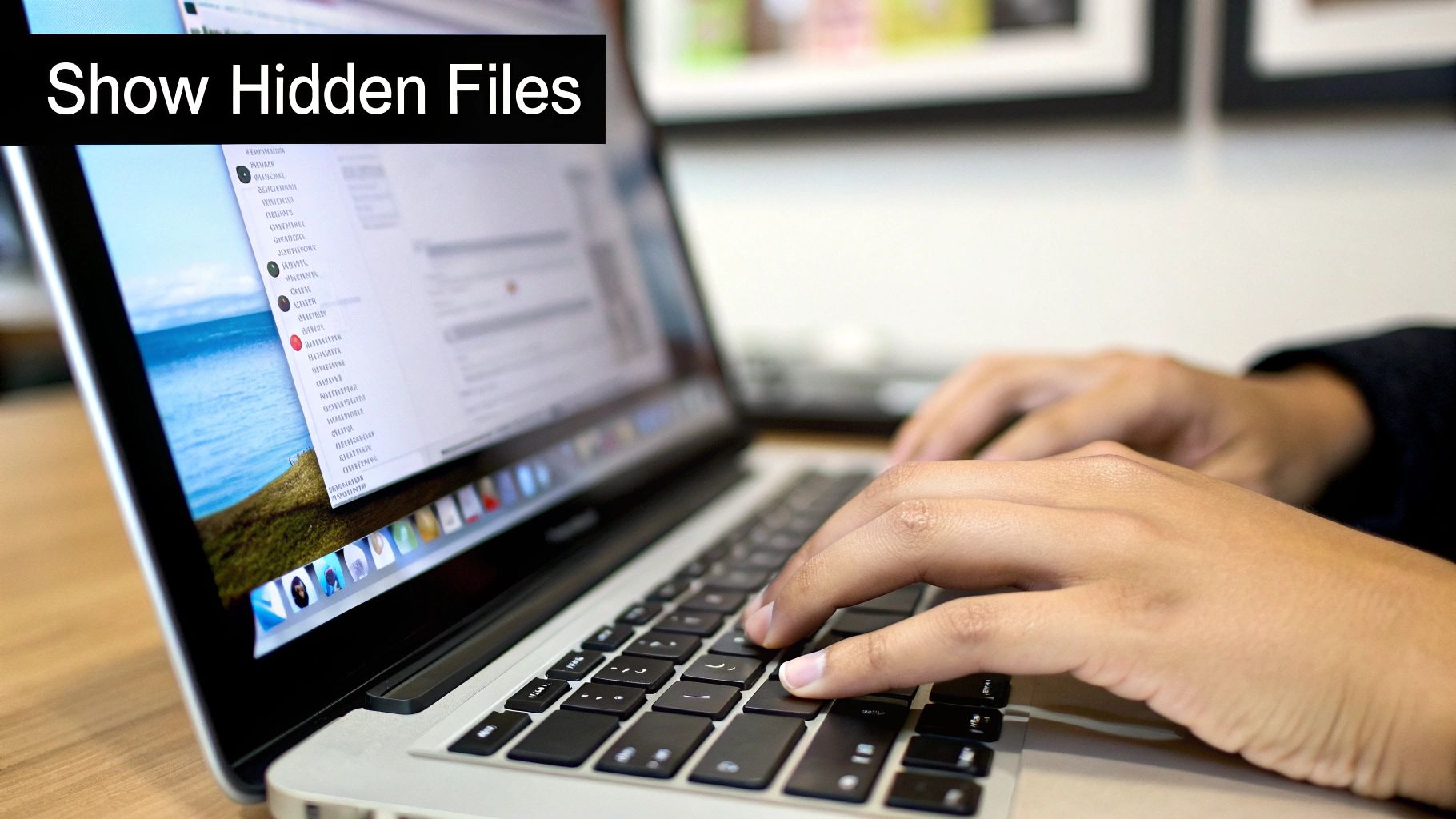 A person's hands are typing on a MacBook laptop, displaying a 'Show Hidden Files' text overlay.