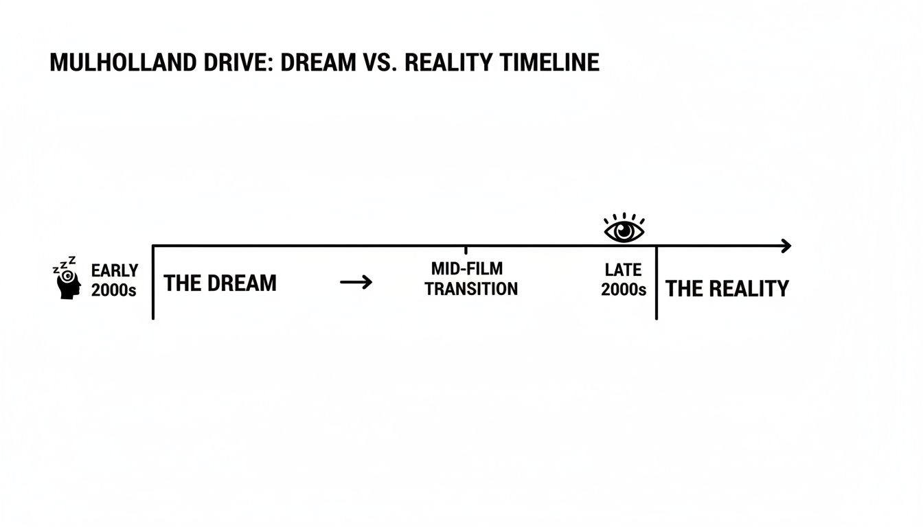 A timeline diagram illustrating Mulholland Drive's dream vs. reality structure with key transitions.