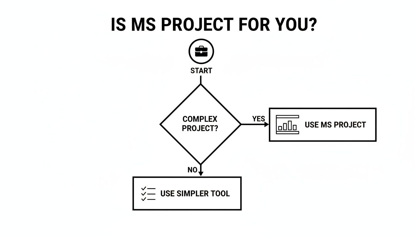 A flowchart guides on using MS Project: use it for complex projects, otherwise a simpler tool.