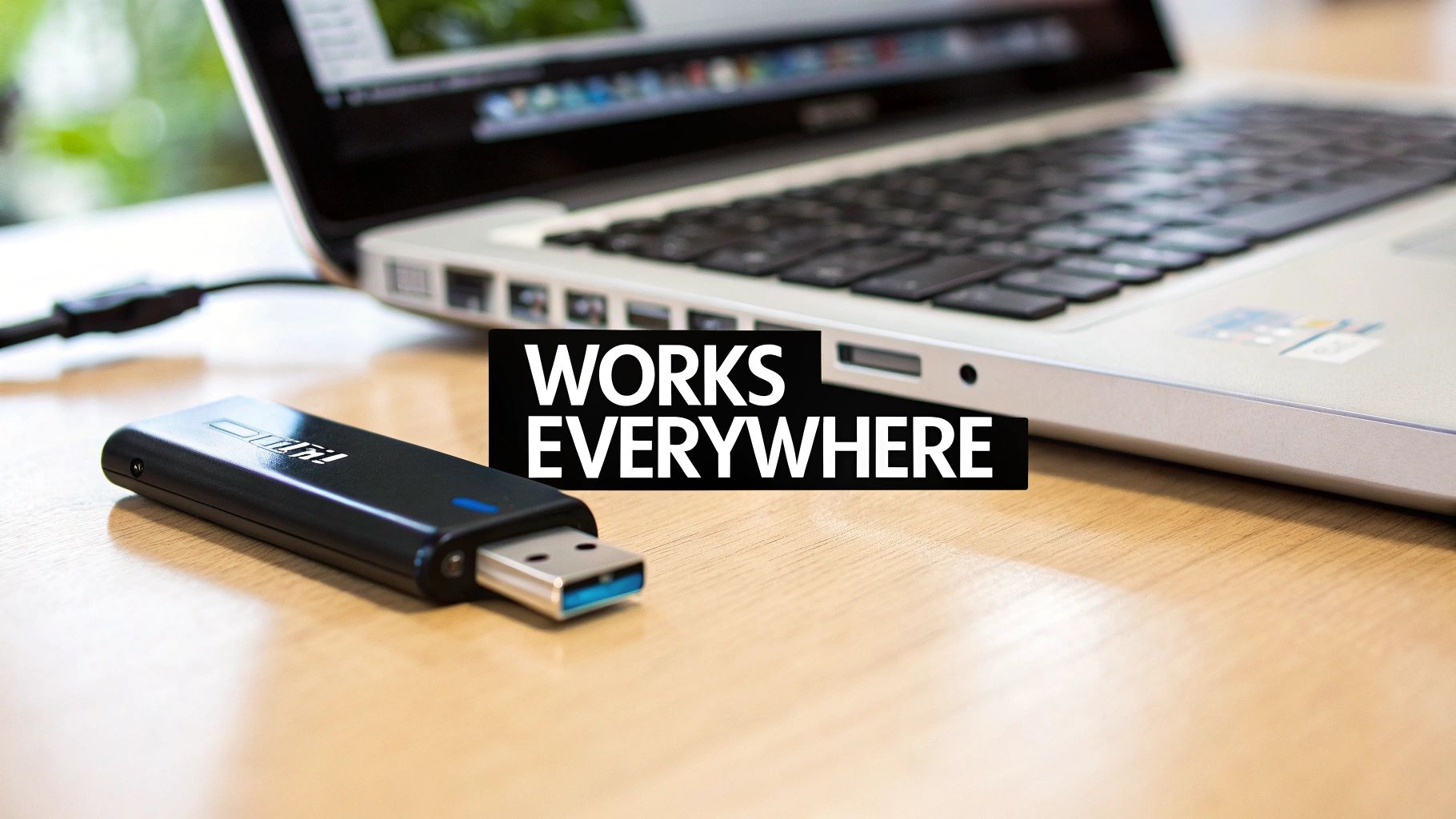 A black USB flash drive with a blue connector next to an open silver laptop on a wooden desk.