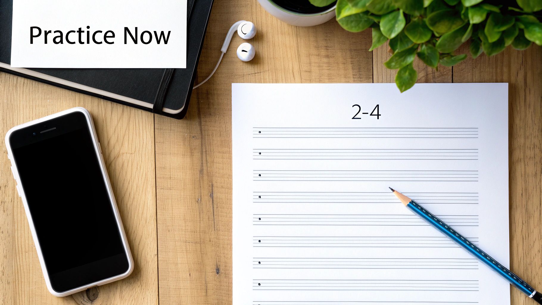 A flat lay of a wooden desk with a 'Practice Now' note, music sheet, phone, earphones, and a pencil.
