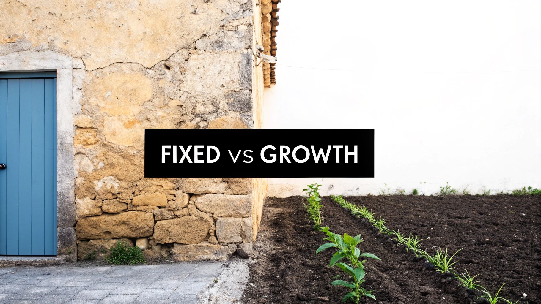 Image contrasting an old stone wall with new plants growing in soil, titled 'FIXED vs GROWTH'.