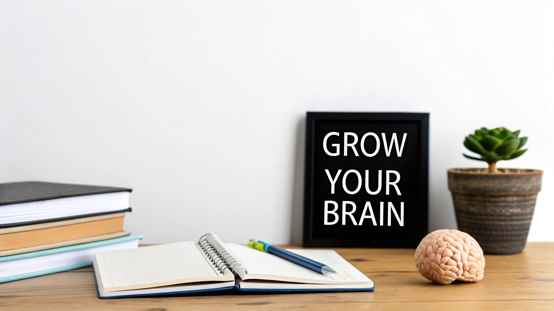 A desk setup with books, a notebook, a pen, a brain model, and a 'GROW YOUR BRAIN' sign.