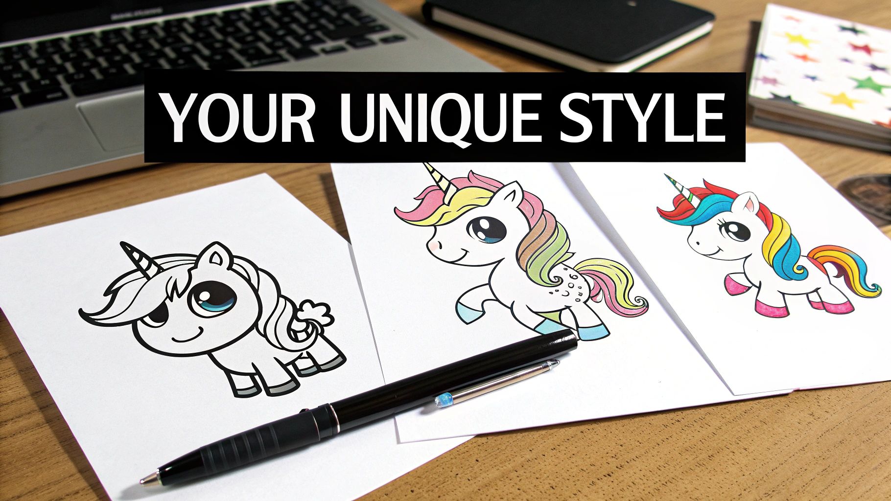 Three cute unicorn drawings on white paper with a pen, laptop, and notebooks. Text: YOUR UNIQUE STYLE.