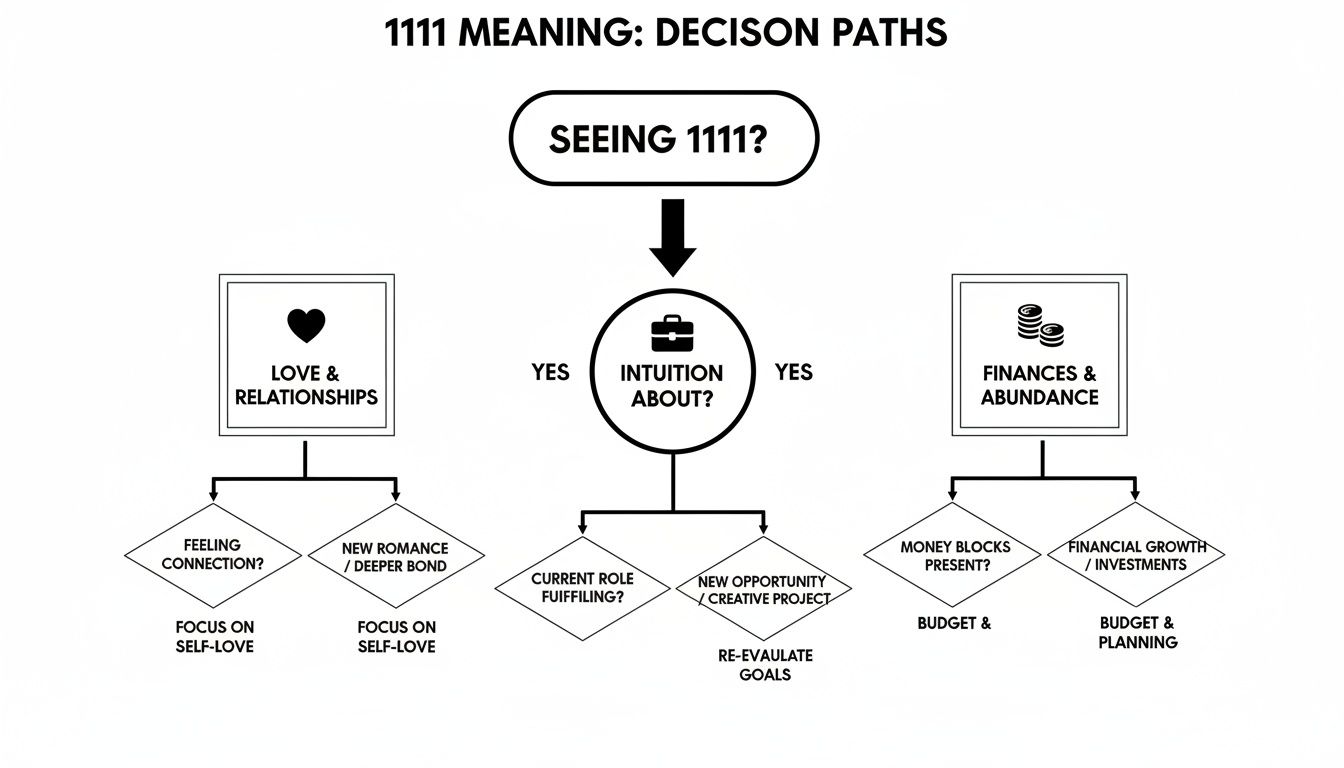 A flowchart titled '1111 Meaning: Decision Paths' guides actions based on seeing 1111, covering love, intuition, and finances.